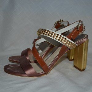 $1100 37 6.5 Christian Dior Brown White Patent Gold Crystal Detail Strappy Heels